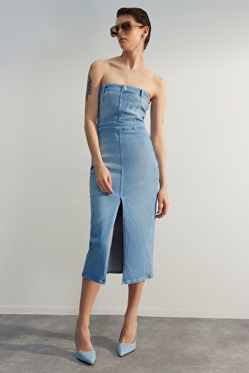 Trendyol Collection Rochie de seară elegantă din denim midi cu fante albastru gheață TPRSS23EL00539