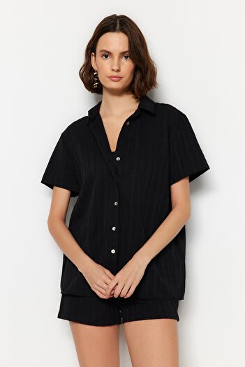 Trendyol Collection Black Woven Linen Blended Shirt Shorts Beach Suit Tbess23Au00054