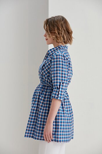 Entarim Maternity Plaid Zippered Shirt Model Tunic