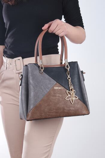By Hakan Jn-037 Women's Handbag Multi-Compartment Hand and Shoulder Strap Bag Grey-tan