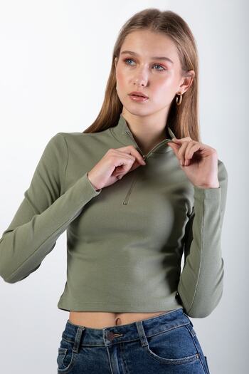 Pattaya Women's Ribbed Long Sleeve Crop Blouse P21s201-2319