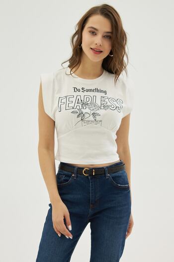 Pattaya Women's Ecru Printed Sleeveless Crop T-Shirt P21s201-2166