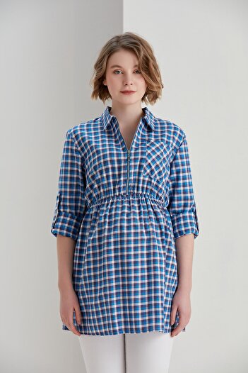 Entarim Maternity Plaid Zippered Shirt Model Tunic