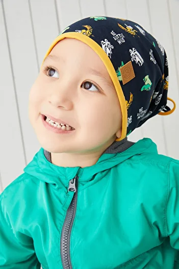 Babygiz Бавовняна, двошарова, м'яка, трикотажна, темно-синьо-жовта фігурна шапка для хлопчика, ручної роботи, вітчизняного виробництва.