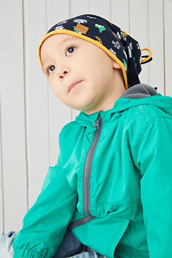 Babygiz Бавовняна, двошарова, м'яка, трикотажна, темно-синьо-жовта фігурна шапка для хлопчика, ручної роботи, вітчизняного виробництва.