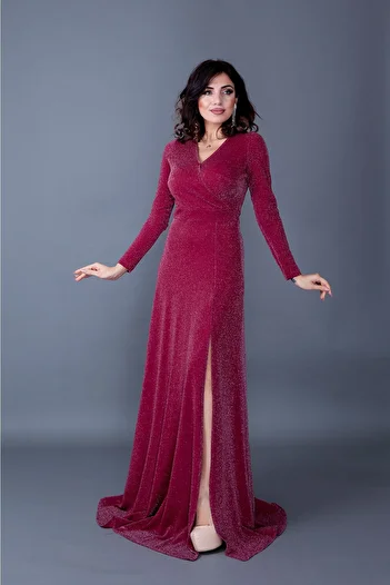 Bidoluelbise Women's Stretchy Glitter Fabric Double Breasted Collar Slit Maxi Length Long Sleeve Evening Dress