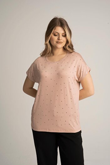 Nelly Plus Size Short Sleeve Powder Color Blouse with Jewelled Front