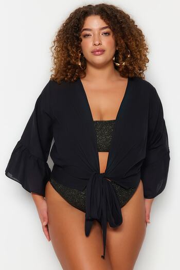 Trendyol Curve Black Double Breasted Lapel Sleeve Ruffle Lacing Detail Beach Wear Plus Size Blouse Tbbss23Ah00113