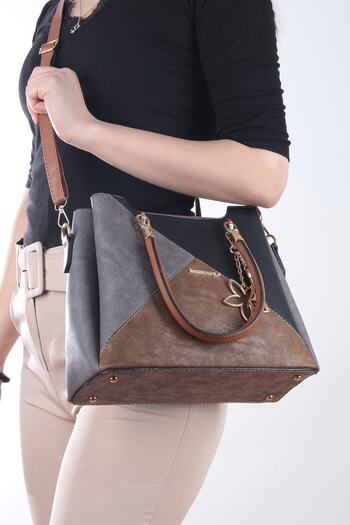 By Hakan Jn-037 Women's Handbag Multi-Compartment Hand and Shoulder Strap Bag Grey-tan