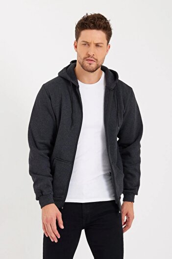 LUX Unisex Fermuarlı 2 Iplik Mevsimlik Antrasit Sweatshirt