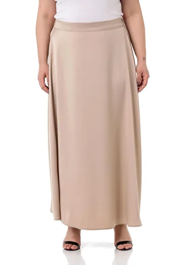 DISENTIS MODEST Large Size Elastic Waist Back Flared Satin Long Beige Skirt