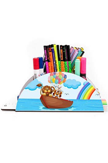 kutuTR Wooden Vip Animal Series Rainbow Ruled Desktop Pen Holder Organizer for Kids Assembled Boxed