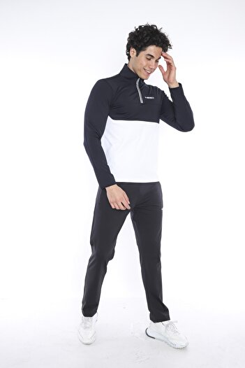 NEED LİFE Erkek Lacivert Beyaz Dalgıç Kumaş Yarım Fermuarlı Slim Fit Eşofman Takımı
