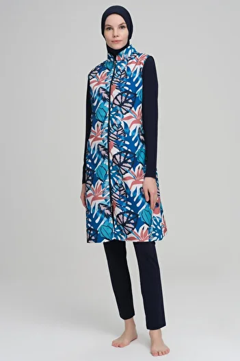 Nehar Colorful Leaf Pattern Navy Blue Jelly 3 Piece Hijab Swimsuit Set 2218