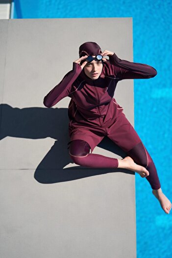 Haşema Performance Series Honeycomb Texture Detailed Plum 4 Piece Hijab Swimsuit Set H-per 50