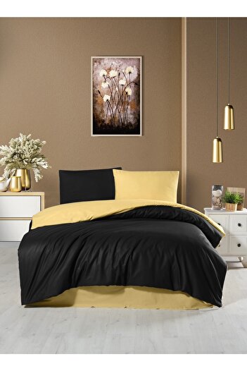 Firuze 100% Cotton Single Ranforce Duvet Cover Set Trend-mustard-black