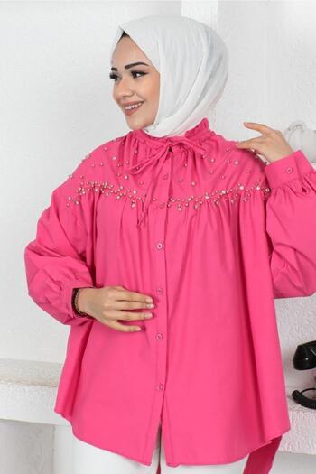 benguen 61546 Bead Detailed Hijab Shirt Fuchsia