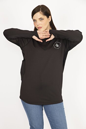 Şans Women's Black Large Size Front Placket Zippered Sweatshirt 65n36185