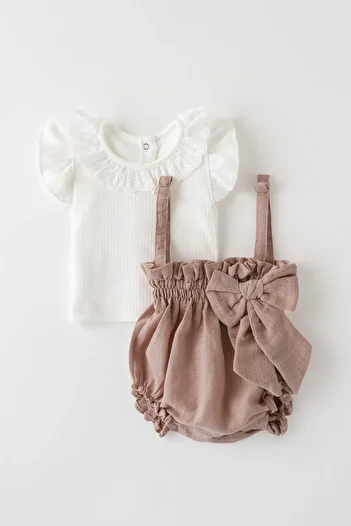 Banamio Dolly Scallop Detailed Salopet Romper Cotton Muslin Set