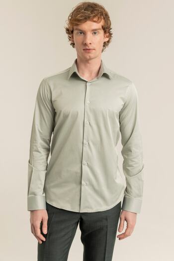 alenmeza Men's Light Green 100% Cotton Satin Non-iron Ironing Casual Pocketless Modern Fit Shirt