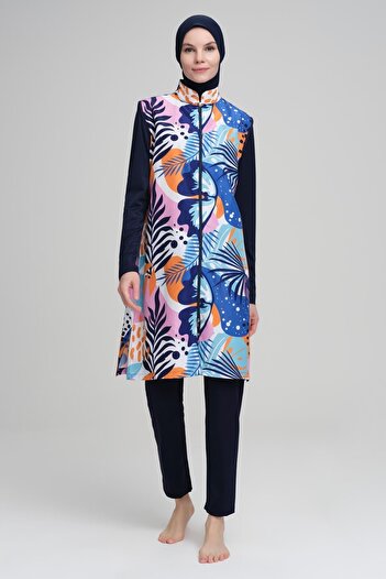Nehar Colorful Patterned Navy Blue Jelly 3 Piece Hijab Swimsuit Set 2219