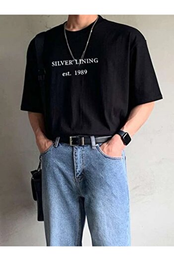 trendgar Ασημί εμπριμέ μαύρο μπλουζάκι Oversize