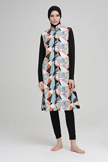 Nehar Orange Blue Patterned Black Jelly 3 Piece Hijab Swimsuit Set 2216