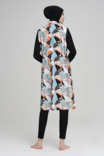 Nehar Orange Blue Patterned Black Jelly 3 Piece Hijab Swimsuit Set 2216