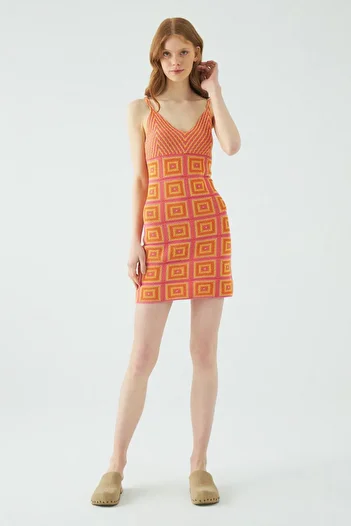 JU Geometric Pattern Crochet Effect Multi Knit Dress