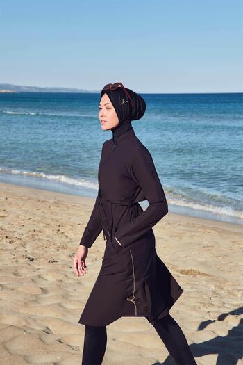 Haşema Elisa Cord Detailed Black Jelly Full Hijab Swimsuit Top