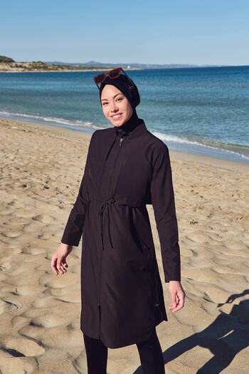 Haşema Elisa Cord Detailed Black Jelly Full Hijab Swimsuit Top