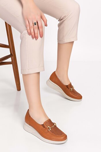 Gondol Genuine Leather Anatomical Sole Buckle Detailed Comfortable Shoes Ndr.106 - Tan - 37