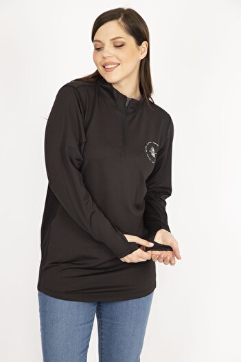 Şans Women's Black Large Size Front Placket Zippered Sweatshirt 65n36185