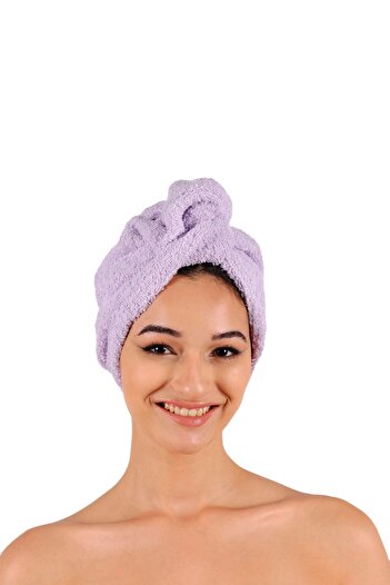 DensHaus 100% Cotton Lilac Purple Plain Eponj Buttoned Towel Hair Drying Cap