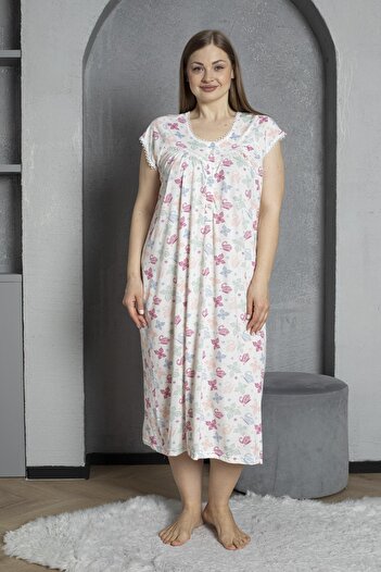 SEBOTEKS Buttoned Collar Short Sleeve Cotton Combed Plus Size Mother's Nightgown 295
