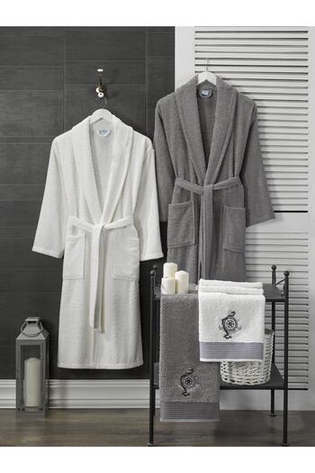 B2B Plus Cotton Compass Embroidered 4 Piece Family Bathrobe Set White |   Gray