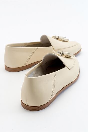 LuviShoes F04 Ekru Bej Cilt Hakiki Deri Püsküllü Kadın Loafer Ayakkabı