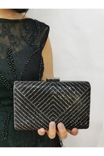 NAZART Women's Black Stone Evening Dress Clutch Portfolio Handbag Wedding Engagement Bag