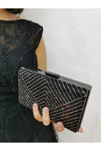 NAZART Women's Black Stone Evening Dress Clutch Portfolio Handbag Wedding Engagement Bag