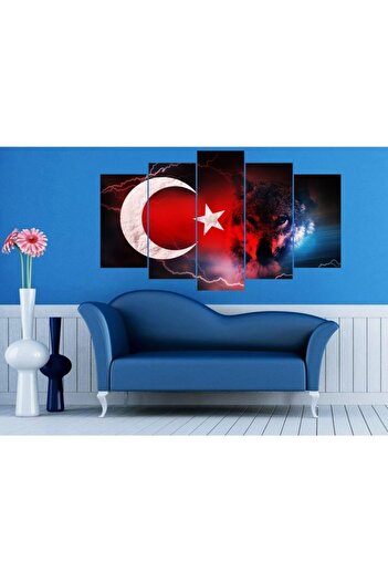 Genel Markalar Bozkurt Türk Bayrağı Temalı 5 Parça Mdf Tablo
