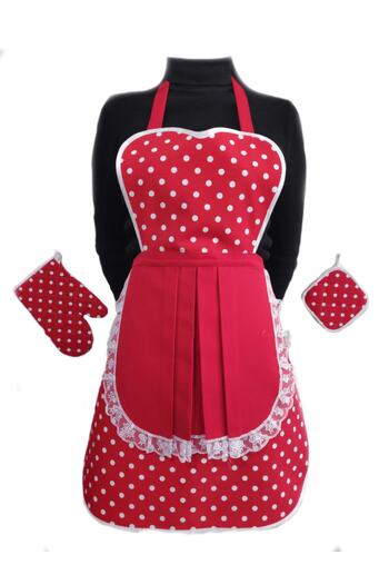 MoT Dekor Kitchen Apron Holder Glove Set Red Polka Dot Set T5643