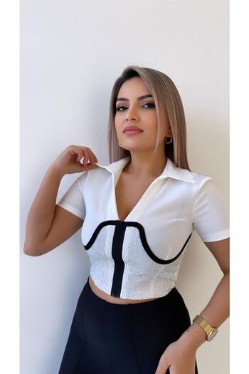 SEDA FİDAN Corset Detailed Jewelled Zippered Blouse Ecru