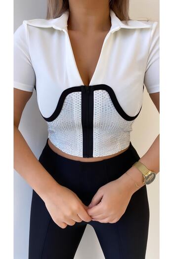 SEDA FİDAN Corset Detailed Jewelled Zippered Blouse Ecru