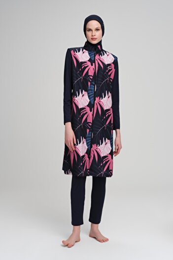 Haşema Pink Palm Patterned Navy Blue Jelly 4 Piece Hijab Swimsuit Set