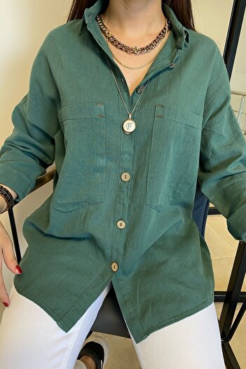 FEMELLE Women's Khaki Wooden Button Cotton Linen Shirt 65% Cotton 35% Linen