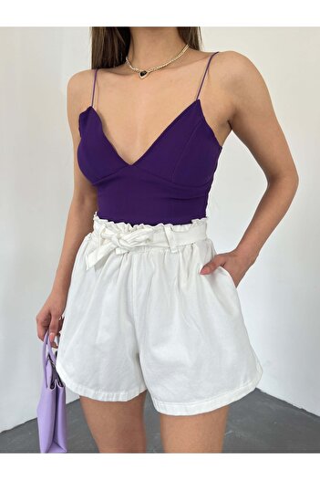 Fav Style Women's High Waist Elastic Belted Double Pocket Gabardine Shorts Ecru