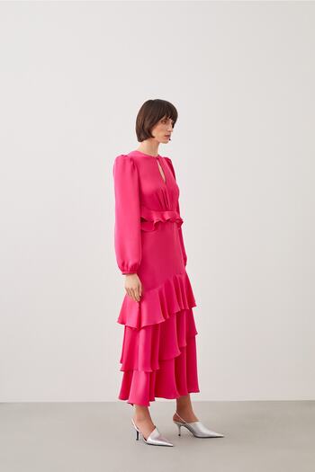Jus De Pommes Fuchsia Ruffle Long Sleeve Maxi Dress