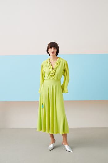 Jus De Pommes Green Ruffle Collar Long Sleeve Midi Dress