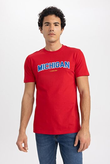 DeFacto Μπλουζάκι Slim Fit Crew Neck με στάμπα 100% βαμβάκι