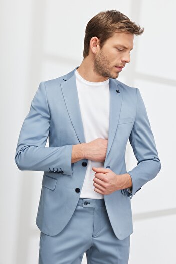 ALTINYILDIZ CLASSICS Men's Blue Extra Slim Fit Slim Fit Mono Collar Diagonal Pattern Cotton Conte Suit